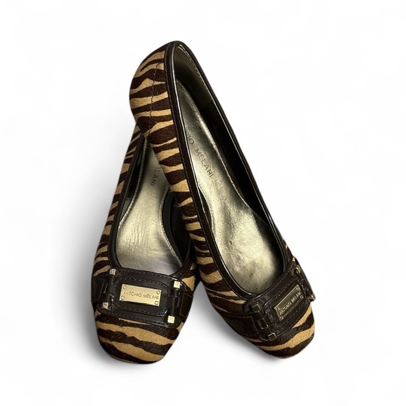 Antonio Melani Brown & Gold & Zebra, Gold Logo Cowhide Heels Women's Size 7.5 - Picture 2 of 7